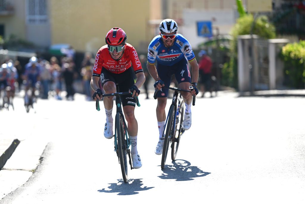 Ewen Costiou (Arkea-B&amp;B Hotels) and Julian Alaphilippe (Soudal QuickStep) working hard to stay away from the chasing peloton in the final 12km