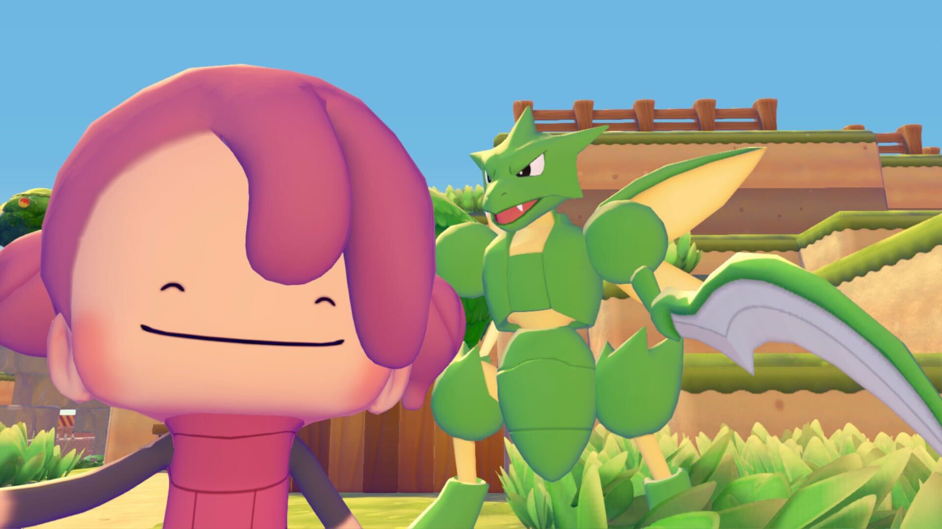 Ditto and Scyther pose in Pokemon Pokopia