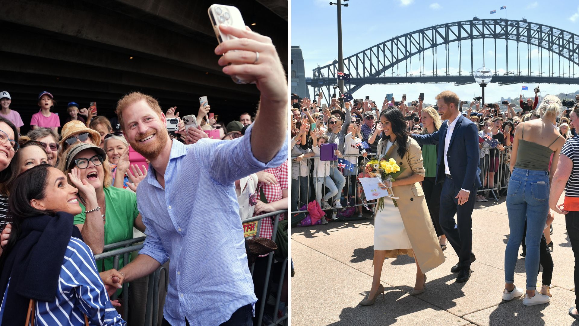 A composite of a picture of Prince Harry and Meghan taking a selfie with fans in Australia in 2026 and them on a walkabout in Australia in 2018