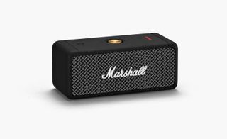 Black wireless speaker with Marshall logo