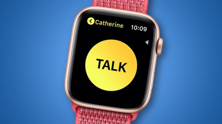 An Apple Watch with the Walkie Talkie app running on it against a blue background.