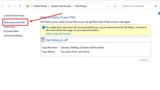 screenshot showing File History app in Windows 11