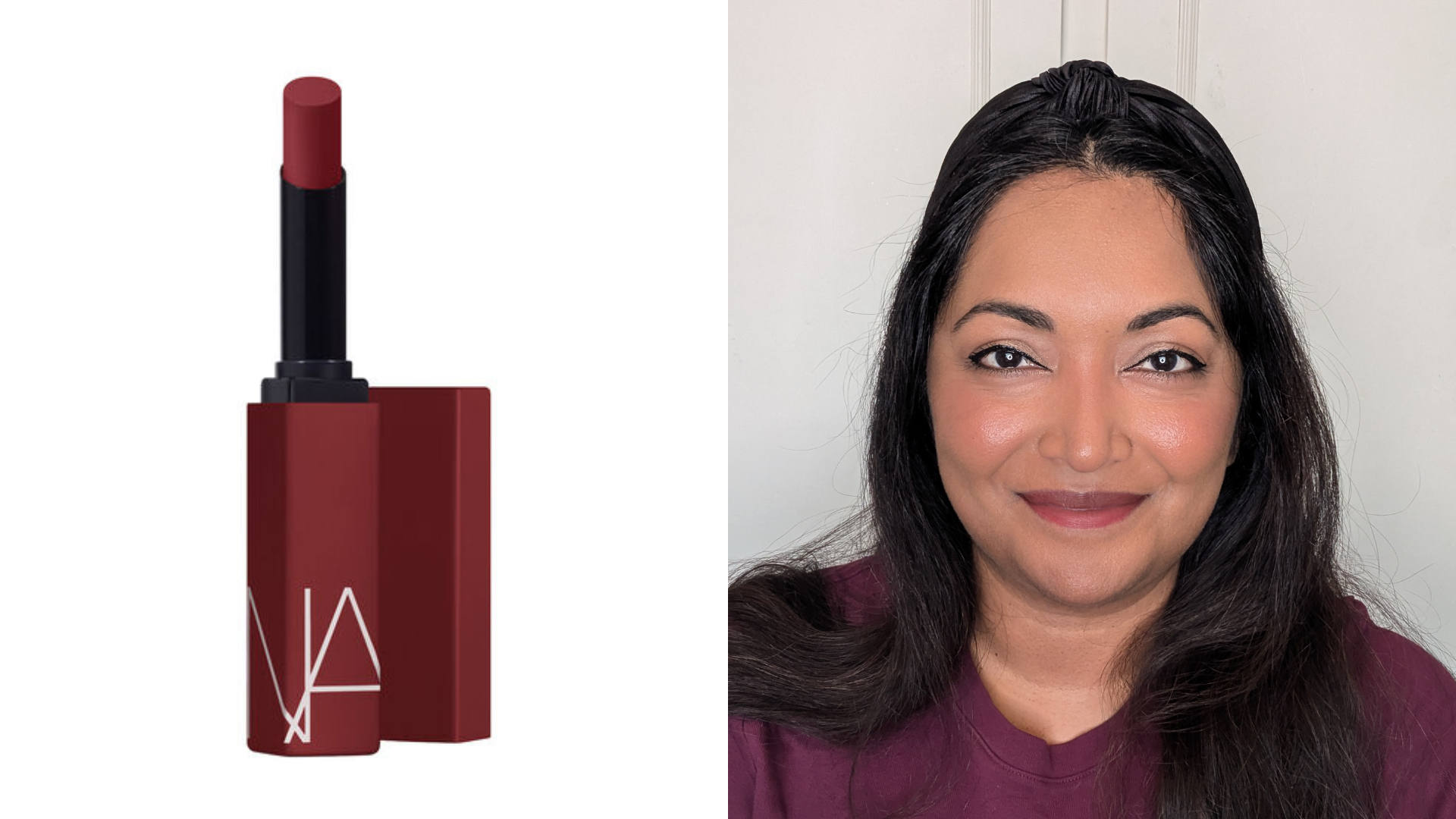 Beauty editor Ayesha wearing NARS Powermatte Lipstick in Night Moves