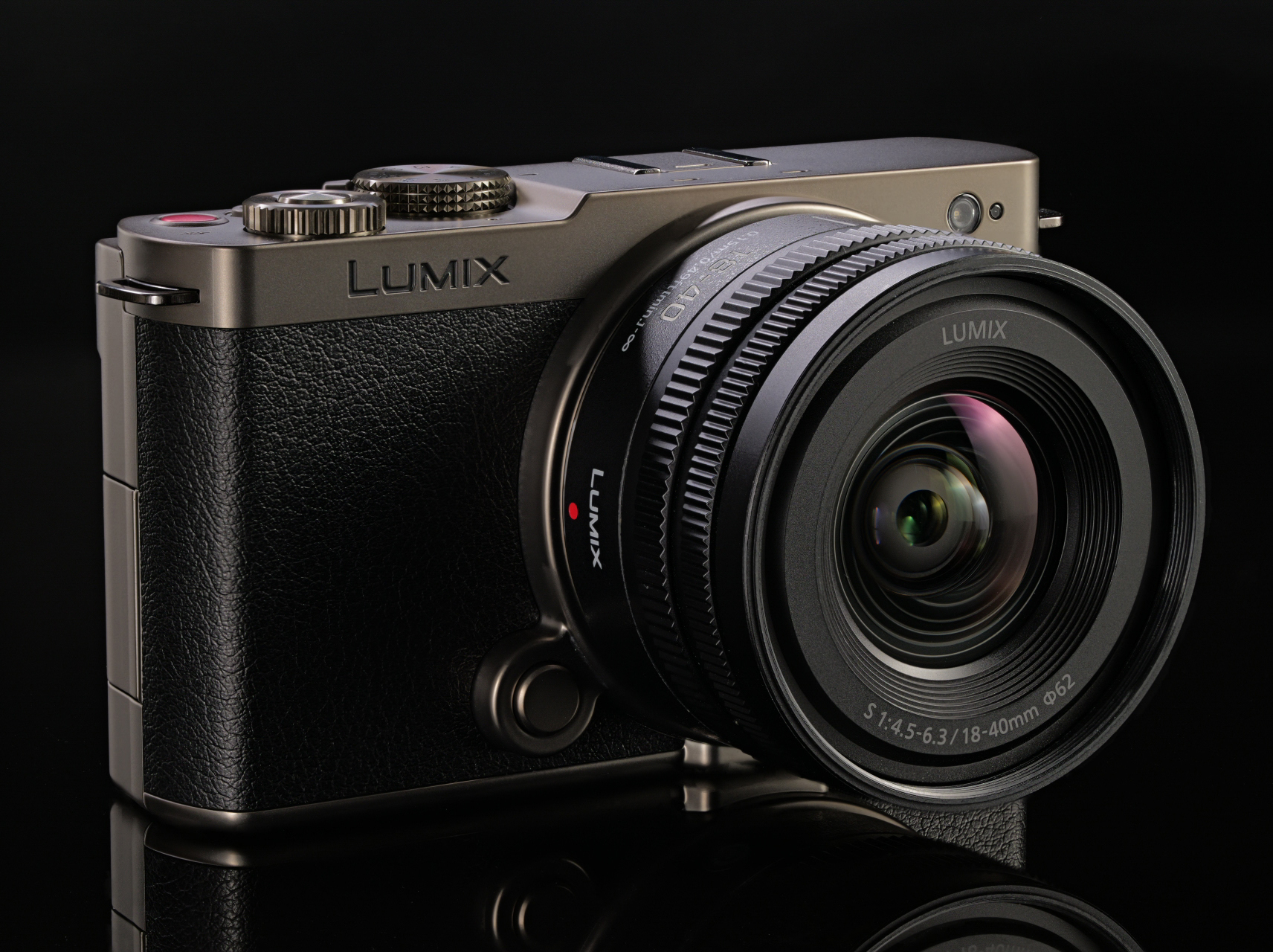 The Panasonic Lumix S9 Titanium Black camera on a black surface