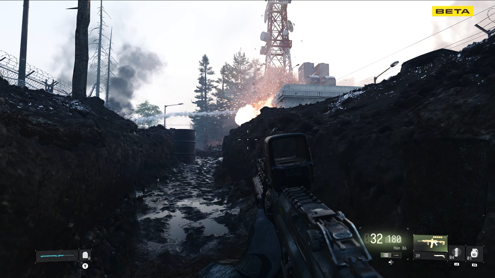 A screenshot from the Campaign mission Entrenched on Call of Duty: Modern Warfare 4 showing the player crouching through a trench while an explosion happens ahead.
