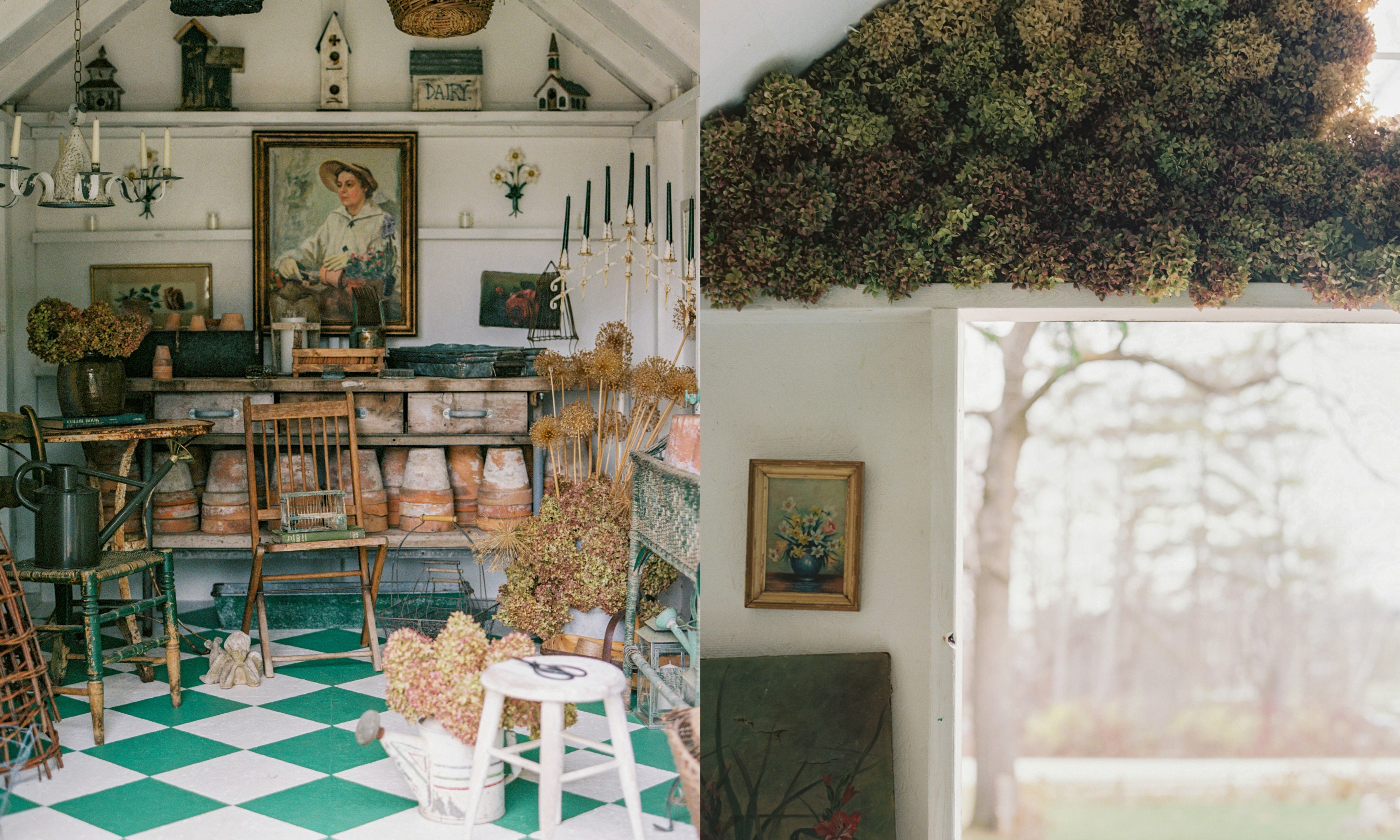 Composite image of a potting shed filled with vintage pots, and dried hydrangeas above a doorway