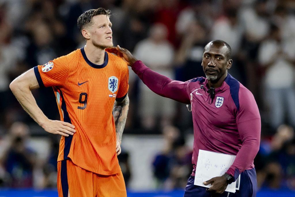 Wout Weghorst of Holland and Jimmy Floyd Hasselbaink after the match against England during the UEFA EURO 2024 Semi-final match between the Netherlands and England at the BVB Stadium Dortmund on July 10, 2024 in Dortmund, Germany. ANP KOEN VAN WEEL (Photo by ANP via Getty Images)