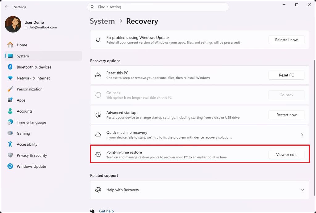 Point-in-time restore setting