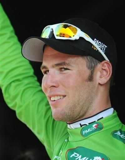 Mark Cavendish in the green points jersey.