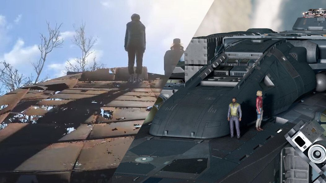 Two images: A Fallout 4 NPC on a roof and Starfield NPCs on a ship.