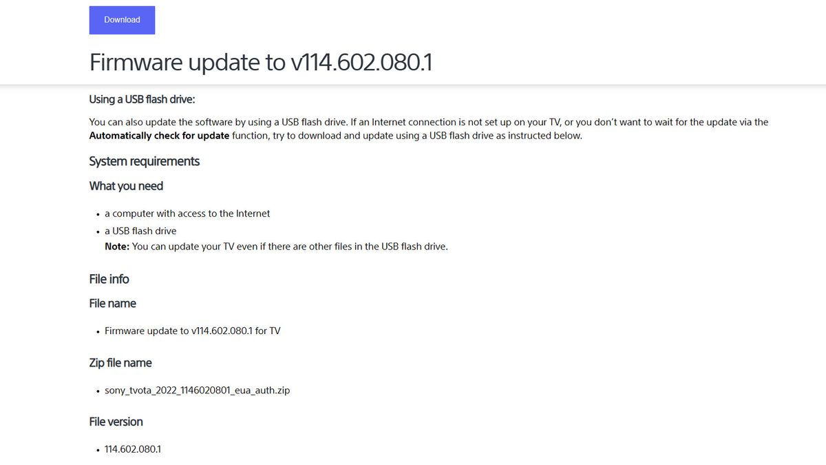 Sony TV firmware web page showing download link