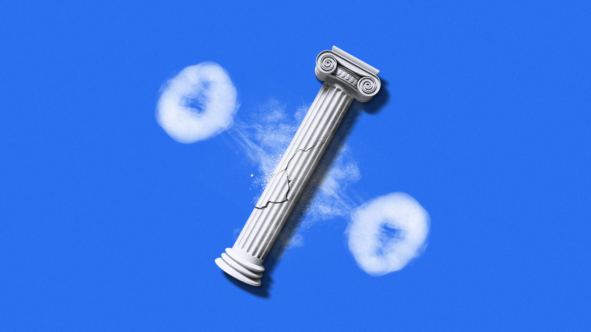 Illustration of a judicial column collapsed in a cloud of dust shaped like a percentage symbol
