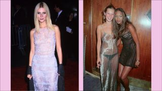Gwyneth Paltrow wears a purple sheer dress Arrives For The Shakespeare In Love Premeire At The Ziegfeld Theatre In New York City December 3, 1998./ alongside a picture of Kate Moss wearing a silver sheer dress while hugging Naomi Campbell