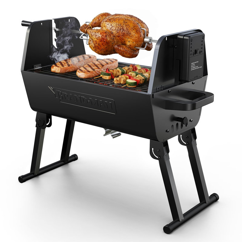 Brand-Man Grills Brand-Man Portable 2-In-1 Charcoal Grill With Stainless Steel Electric Rotisserie - Porcelain-Enameled Steel, Tool-Free Assembly, Foldable Design &amp;amp; Adjustable Height for Backyard, Camping, Patio &amp;amp; Tailgating | Wayfair