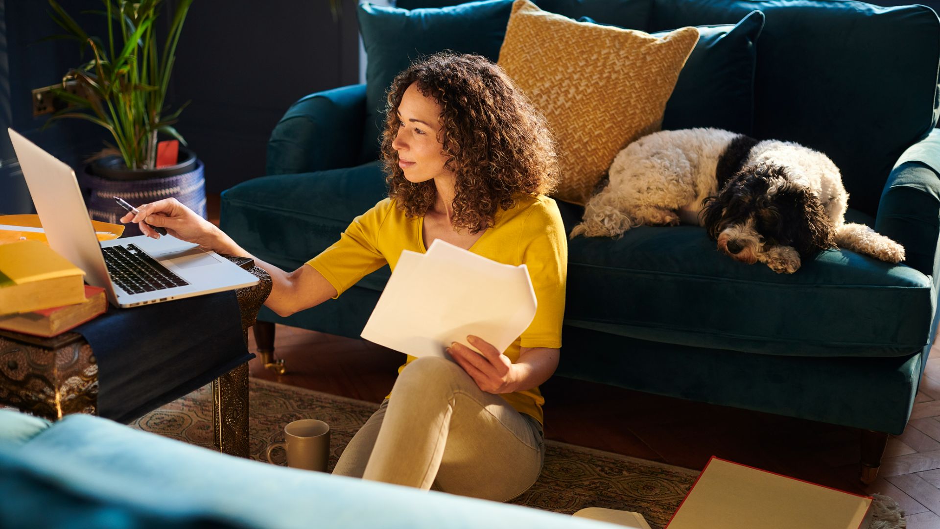 woman using laptop while dog lies on sofa