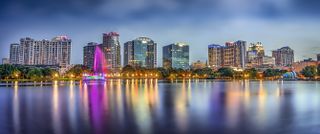 The Orlando cityscape at night.