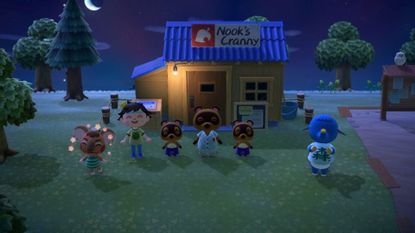 A group of villagers smiling outside of Nook's Cranny in Animal Crossing: New Horizon. 