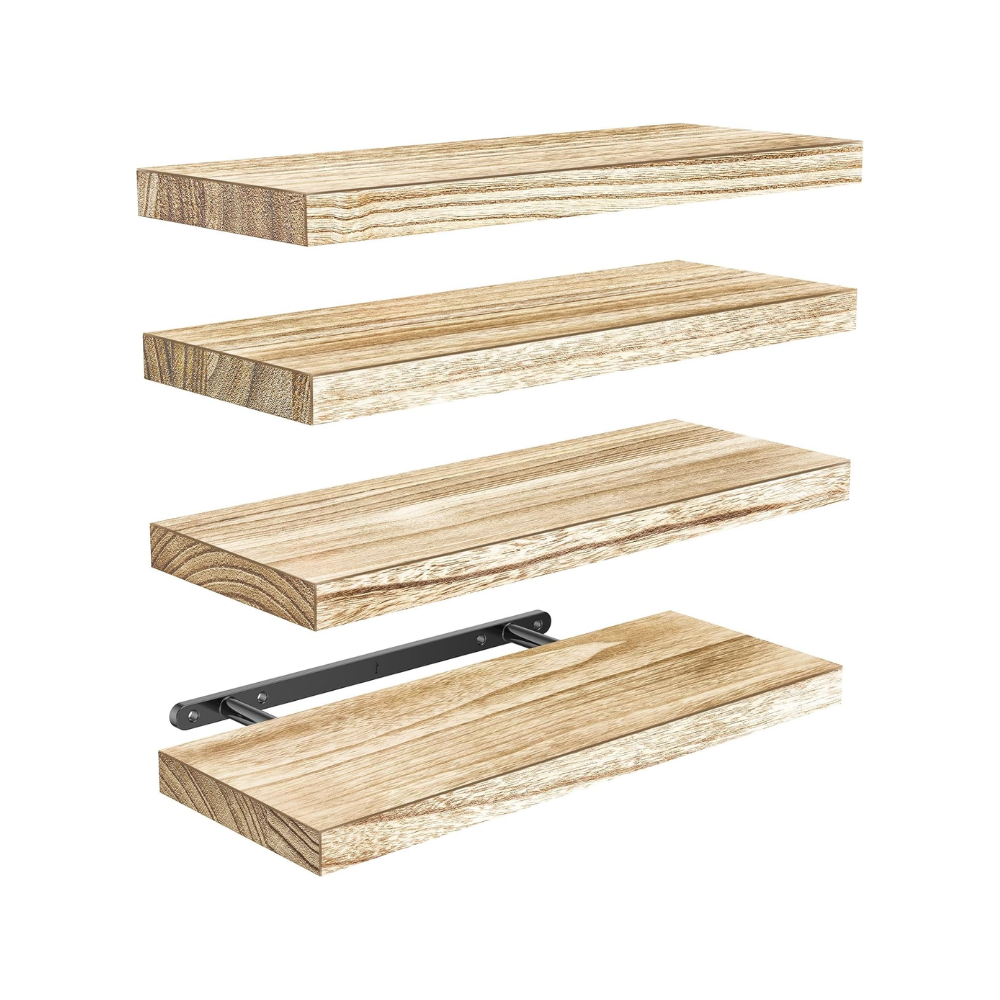 Four wooden floating shelves