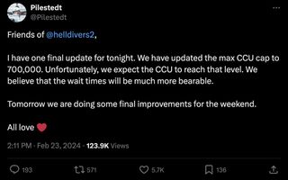 Helldivers 2 tweet about CCU increase