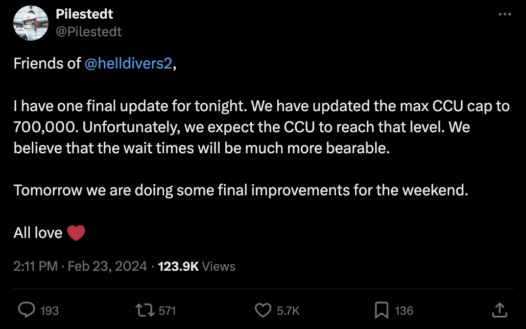 Helldivers 2 tweet about CCU increase