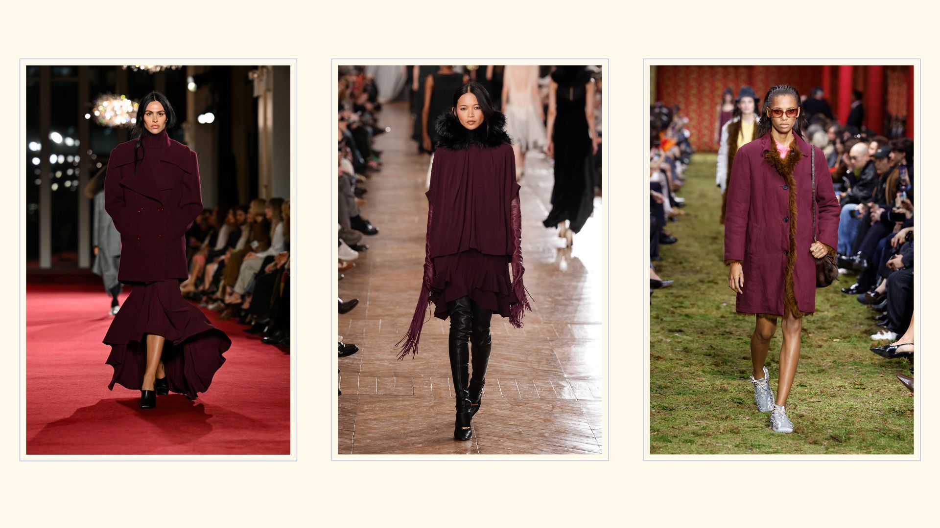 Berry coloured clothes on the runway