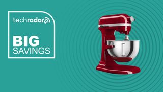 The KitchenAid 5.5Qt Stand Mixer on a blue background with text saying Big Savings.