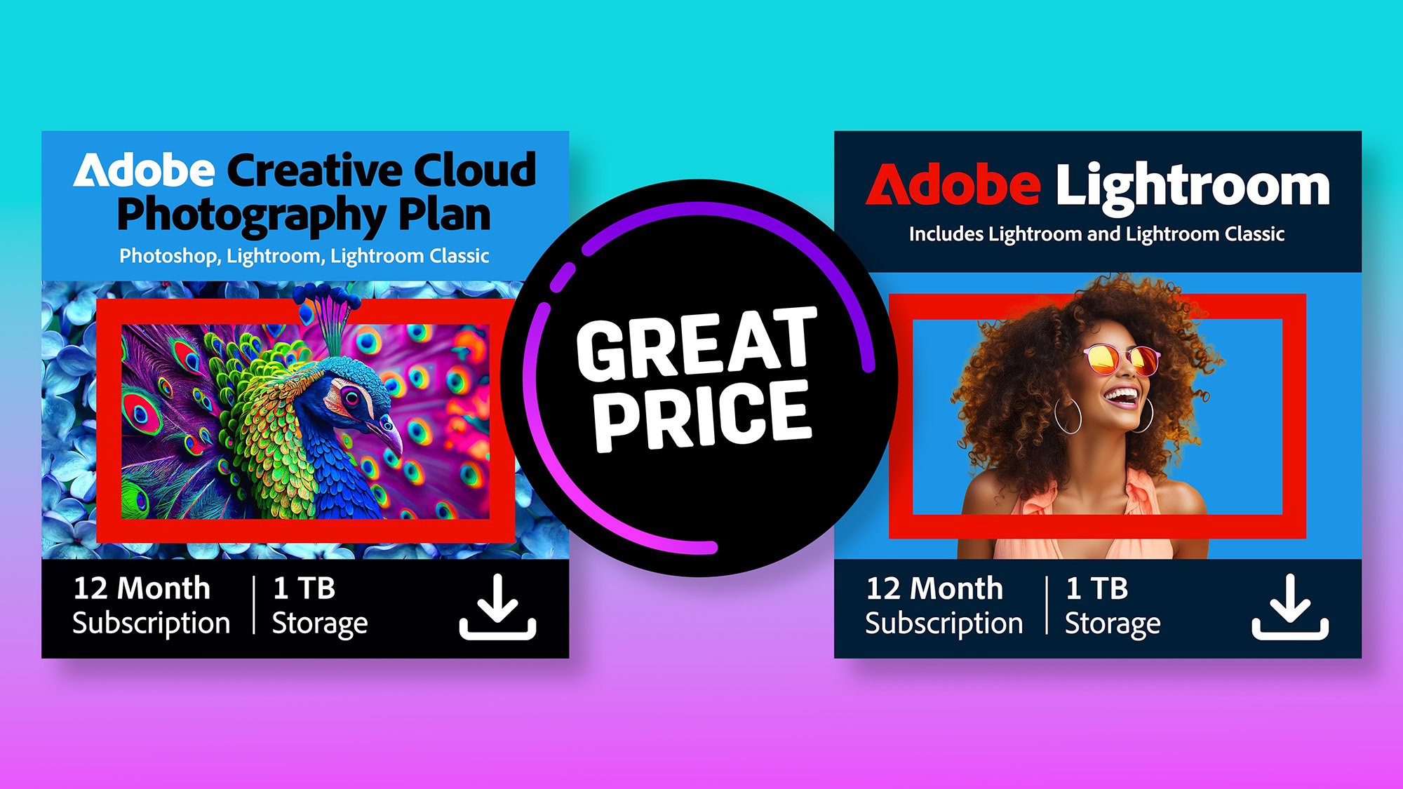 Adobe Creative Cloud adverts on a pink to blue gradient 