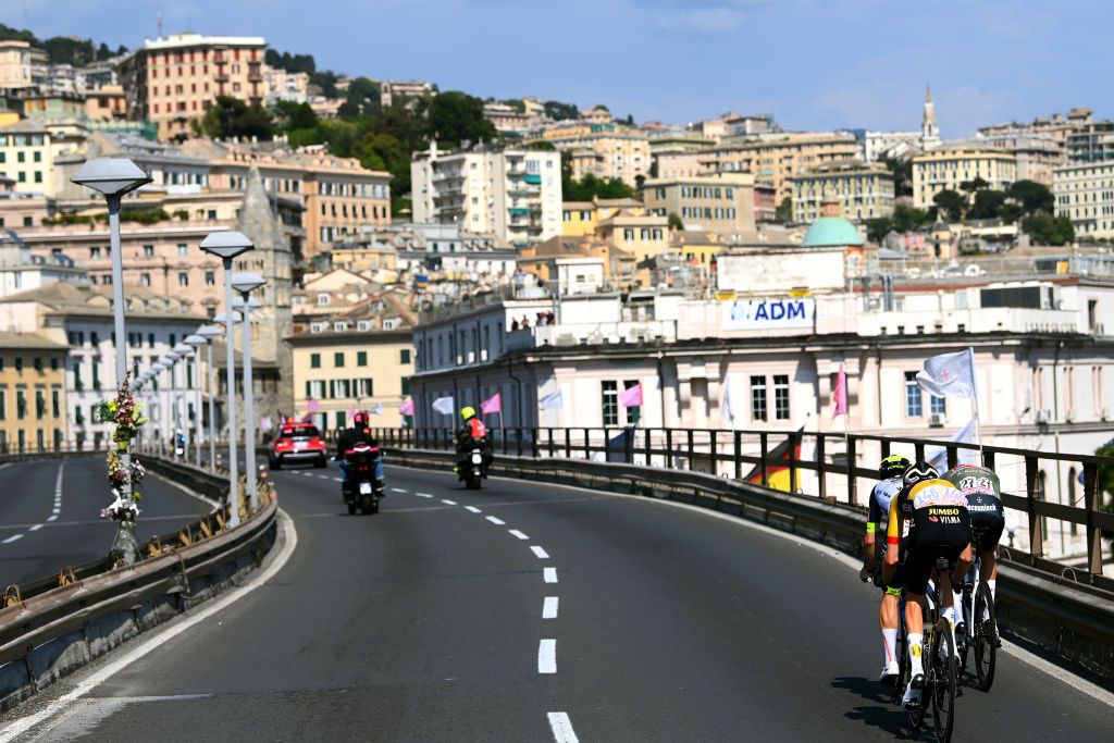 GENOA ITALY MAY 19 Stefano Oldani of Italy and Team Alpecin Fenix Gijs Leemreize of Netherlands and Team Jumbo Visma and Lorenzo Rota of Italy and Team Intermarch Wanty Gobert Matriaux compete in the breakaway passing through Genova city during the 105th Giro dItalia 2022 Stage 12 a 204km stage from Parma to Genova Giro WorldTour on May 19 2022 in Genoa Italy Photo by Tim de WaeleGetty Images