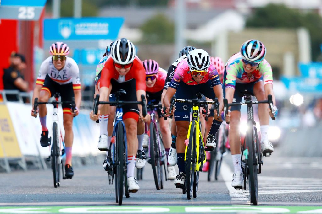 COLINDRES SPAIN SEPTEMBER 08 Silvia Persico of Italy and Team Valcar Travel Service crosses the finishing line during the 8th Ceratizit Challenge By La Vuelta 2022 Stage 2 a 1059km stage from Colindres to Colindres CERATIZITChallenge22 UCIWWT on on September 08 2022 in Colindres Spain Photo by Gonzalo Arroyo MorenoGetty Images