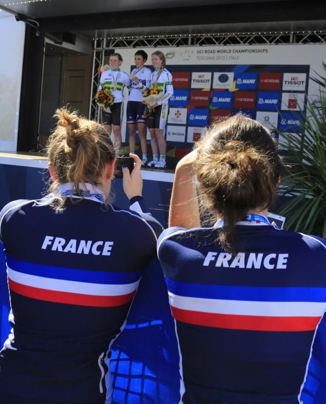 Severine Eraud's teammates enjoy the podium celebrations
