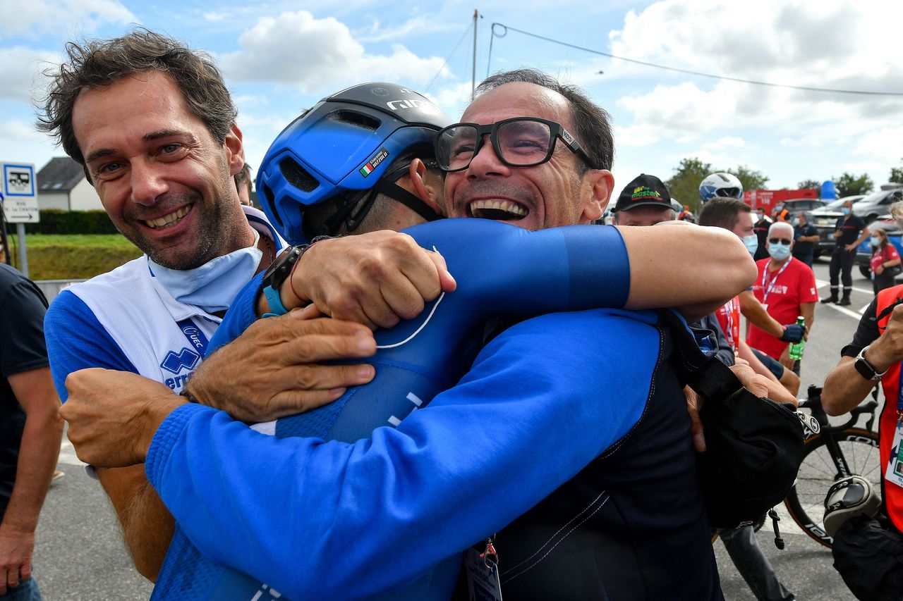 2020 UEC Road European Championships Men Elite Road Race Plouay Plouay 17745 km 26082020 Giacomo Nizzolo Italy Davide Cassani ITA CT Marco Velo ITA CT photo Dario BelingheriBettiniPhoto2020