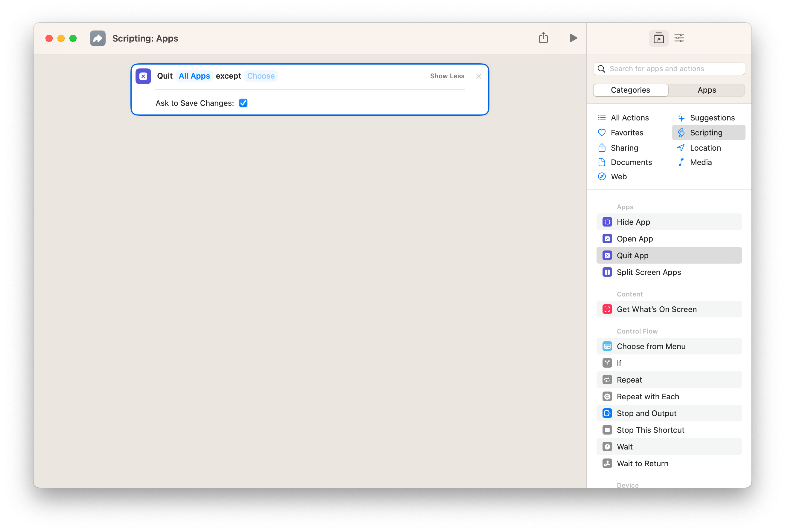Screenshot of the Quit App action in Shortcuts for Mac.