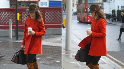 Composite of two pictures of Pippa Middleton wearing an orange coat and suede boots whilst walking in London in 2012