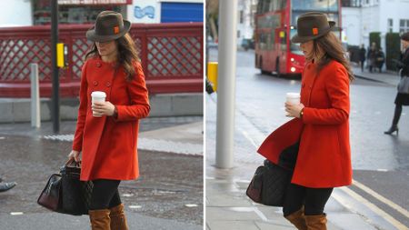 Composite of two pictures of Pippa Middleton wearing an orange coat and suede boots whilst walking in London in 2012