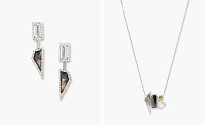 Left, 2.02ct white diamond baguette and purple fossilised walrus ivory earrings with white diamond pavé and 18ct recycled white gold. Right, grey kite shape and black emerald cut diamond slice, deep yellow and white diamond sculpture necklace with white diamond pavé and 18ct recycled white gold