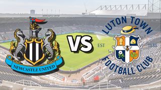 The Newcastle United and Luton Town club badges on top of a photo of St. James' Park in Newcastle-upon-Tyne, England
