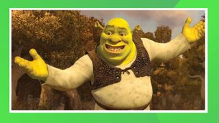 A shot of Shrek with his arms out on a green background
