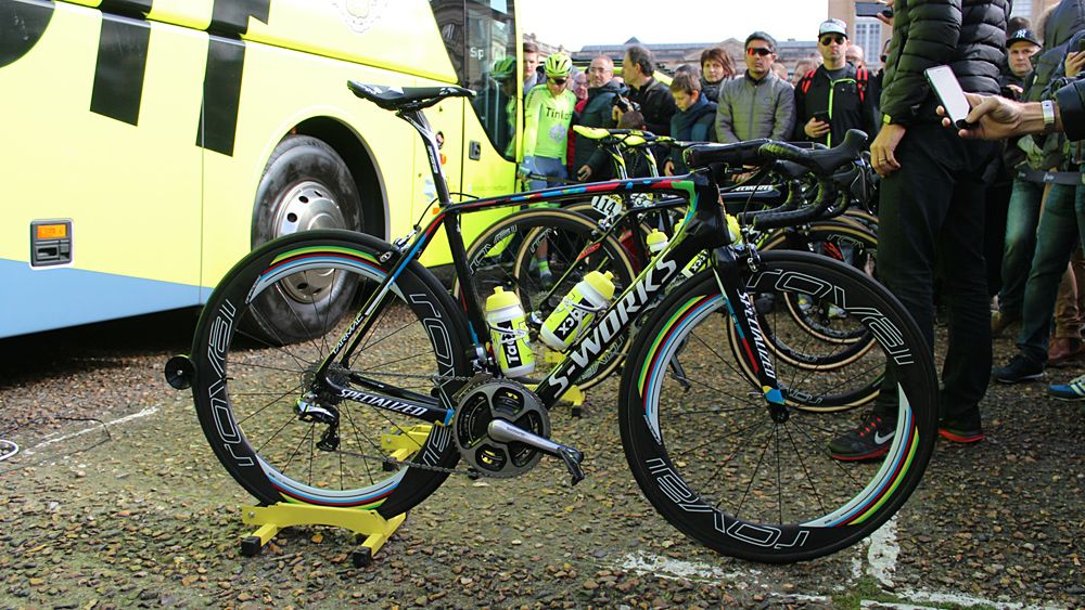 Peter Sagan had two Specialized bikes ready to race: this Tarmac with 26mm tuibulars on 64mm wheels, then a Roubaix with 30mm FMB tubulars on 40mm wheels. The plan was to switch after the first ~100km of racing, before the cobbles began