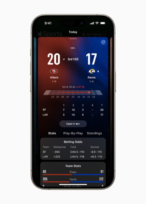 An iPhone displaying in-app scores and betting odds