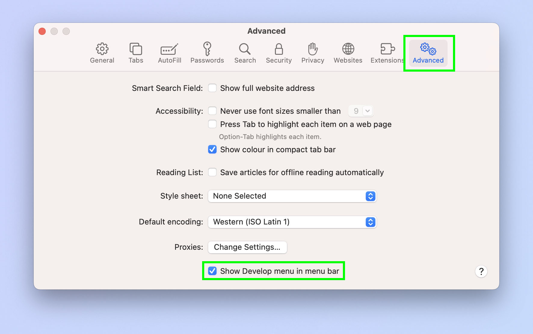 Снимок экрана, показывающий, как проверить элемент в Safari для Mac