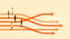 An illustration showing various businesspeople walking along orange lines which intersect and split to form arrows, to represent career changes and lateral moves in tech.