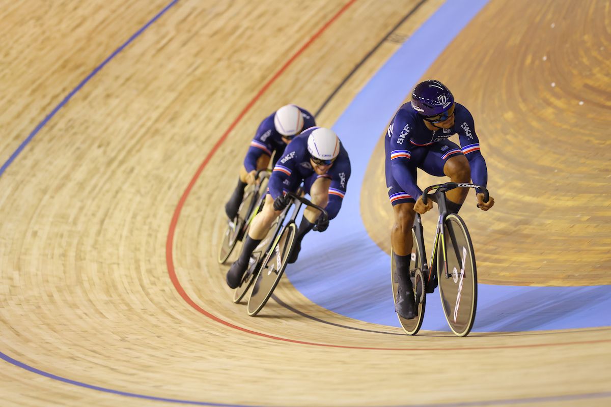 Picture by Alex Whitehead/SWpix.com - 20/10/2021 - Cycling - Tissot 2021 UCI Track Cycling World Championships - Men&acirc;s Team Sprint Finals - Stab Velodrome, Roubaix, France - Florian Grengbo, Rayan Helal and Sebastien Vigier of France in action during the men's team sprint Finals