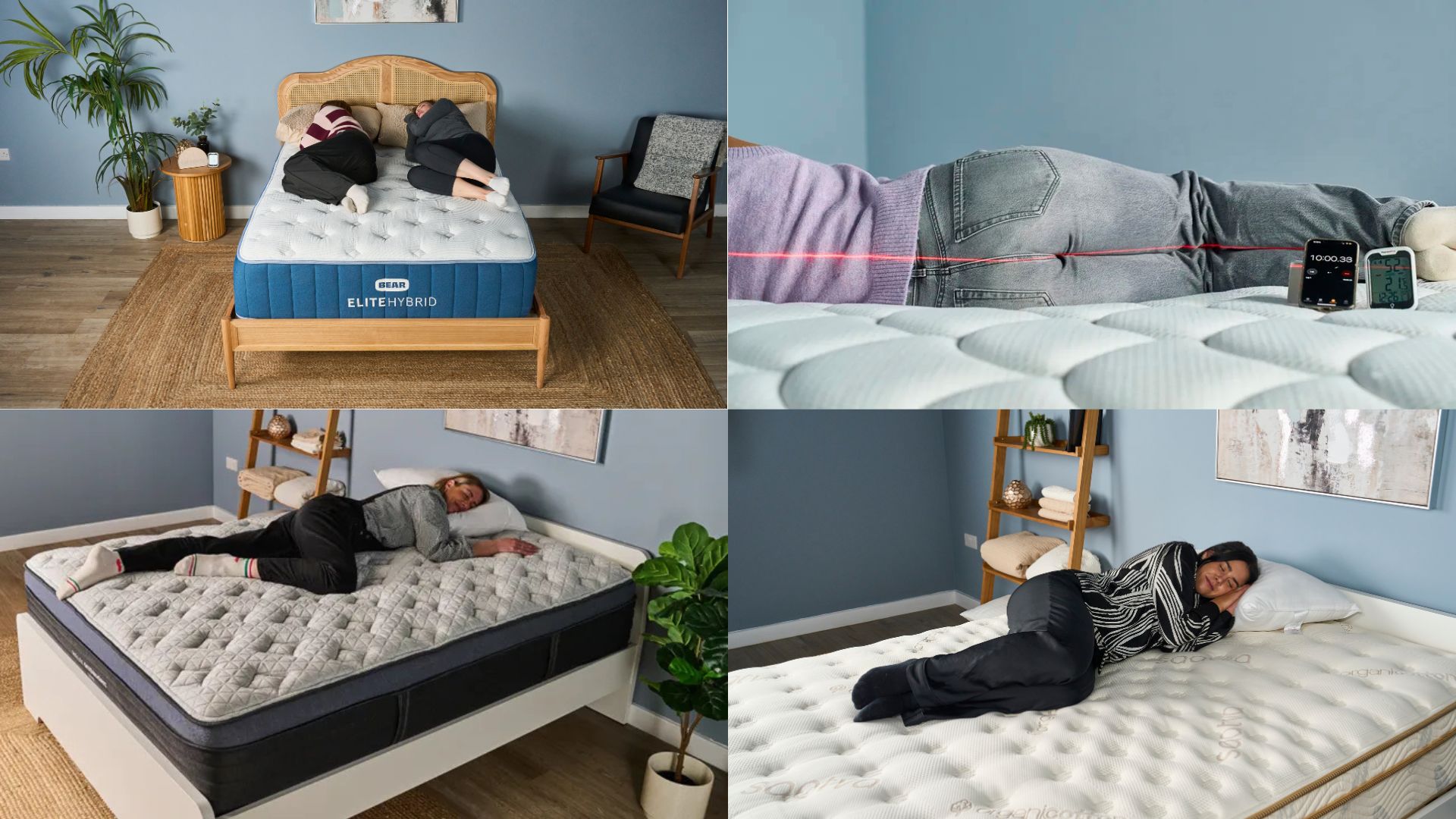 A four-image collage of the best mattresses showing testers sleeping on their side.