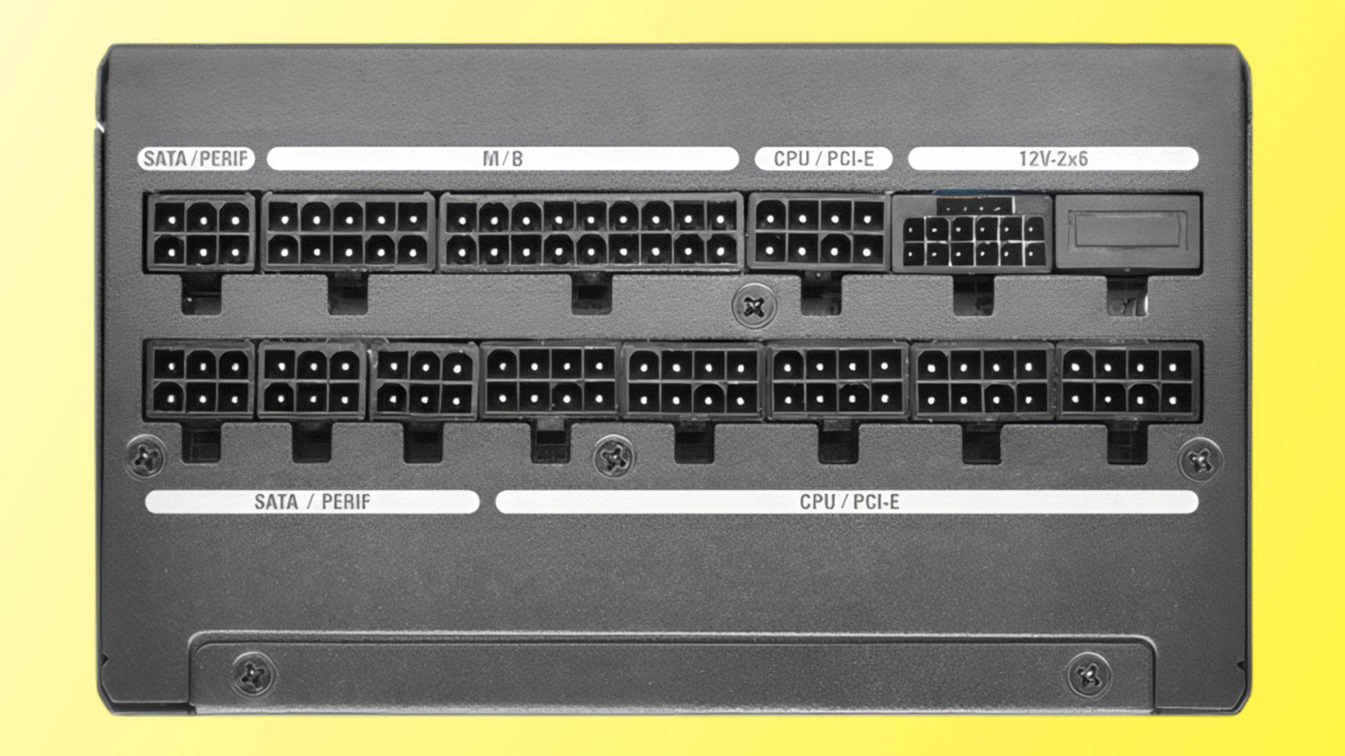 An image of the connectors in a Super Flower Leadex III SF-1000F14GE PSU, against a yellow gradient background