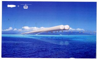 ’Airship + Cable Car’ by Zhiguo Pan. An image of airships with cable cars running underneath them over the ocean.