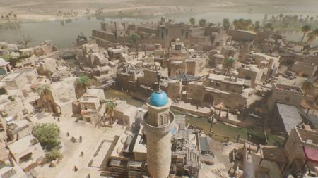 Assassin's Creed Mirage Basim perched on tower with a view of Baghdad