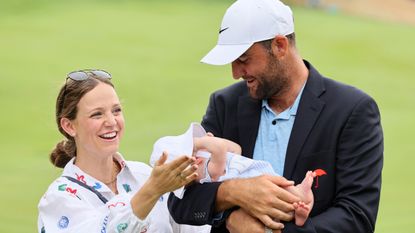 Meredith and Scottie Scheffler with son Bennett at the 2024 Travelers Championship