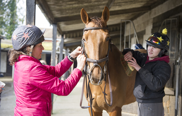Grooms Rachel and Jade help tack up European team gold medallist Billy The Red