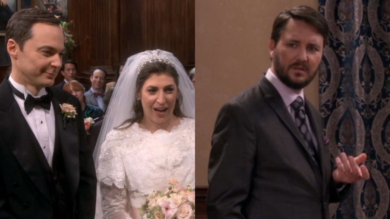 From L to R: Sheldon and Amy at the altar, and Wil Wheaton looking at Mark Hamill on The Big Bang Theory.
