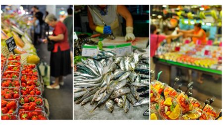 Three images of Barcelona’s historic La Boqueria market